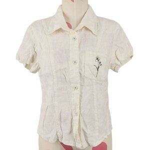 Women's Vintage Studio Ease Petite White Linen Button Down Floral Pocket 6P USA